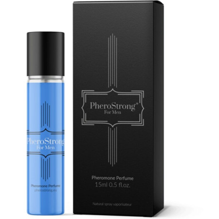 PheroStrong for Men 15 ml, frasco azul con vaporizador y estuche negro del perfume con feromonas