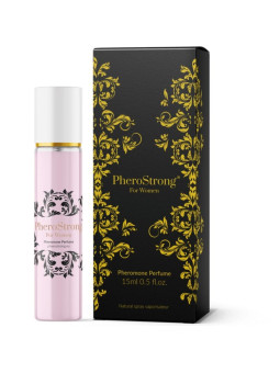 Perfume con feromonas PheroStrong for Women de 15 ml en vaporizador rosa junto a su estuche negro y dorado