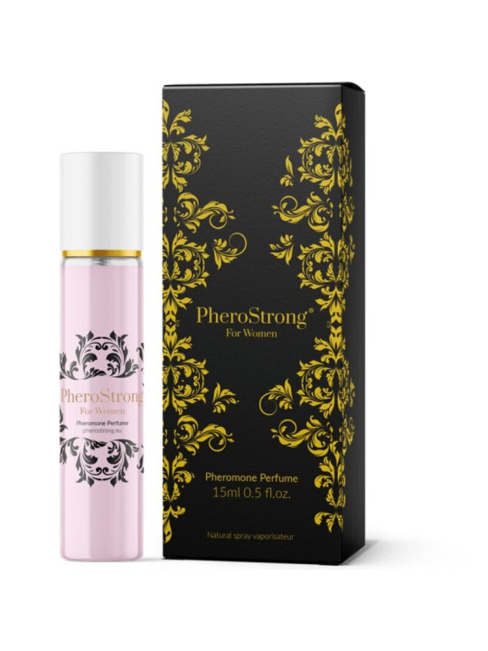 Perfume con feromonas PheroStrong for Women de 15 ml en vaporizador rosa junto a su estuche negro y dorado