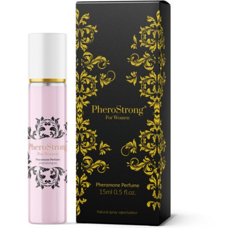 Perfume con feromonas PheroStrong for Women de 15 ml en vaporizador rosa junto a su estuche negro y dorado
