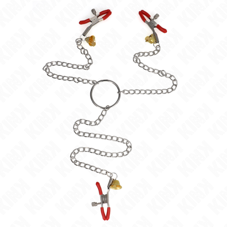 Kink - Pinzas para Pezones y Clítoris Rojas con Cascabel Dorado y Cadena 30 cm