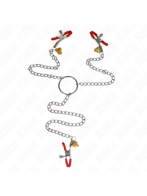 Kink - Pinzas para Pezones y Clítoris Rojas con Cascabel Dorado y Cadena 30 cm