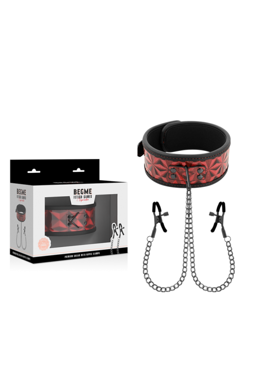 Begme - Red Edition Collar con Cadenas y Pinzas Pezones con Forro de Neopreno