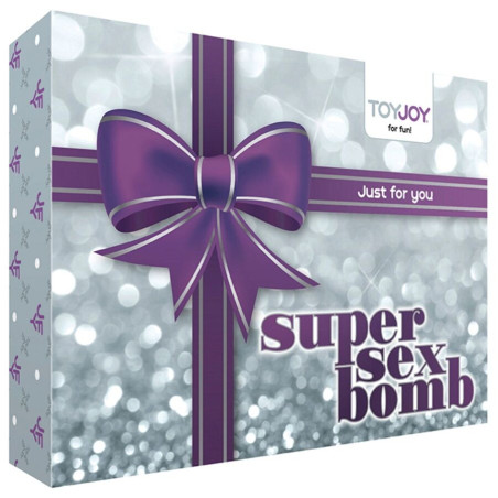 Caja regalo ToyJoy Super Sex Bomb plateada con lazo morado impreso y lema Just for you