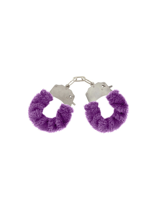 Esposas metálicas forradas de pelo sintético morado incluidas en el kit ToyJoy Super Sex Bomb