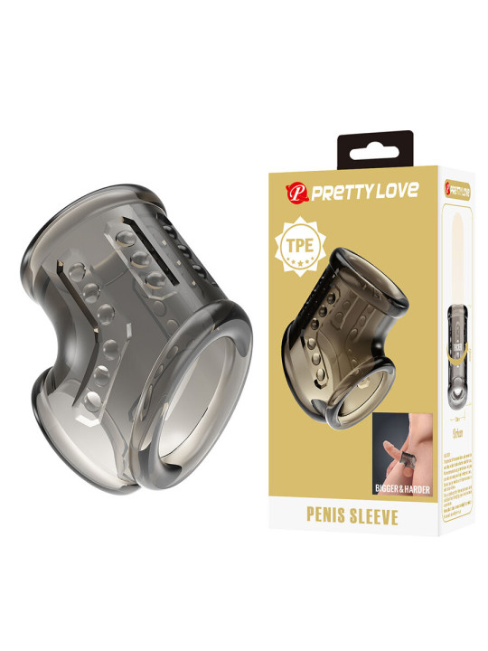 Funda para el pene Pretty Love junto a su caja dorada con el sello TPE y la mención Penis Sleeve