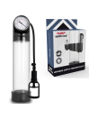 Pump Addicted RX9 transparente con manómetro y bomba de gatillo, junto a la caja de funda universal y bala vibradora