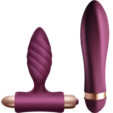 Climaximum Desire Kit de Rocks-Off: plug anal trenzado con bala en la base y vibrador de cabeza trenzada, en burdeos