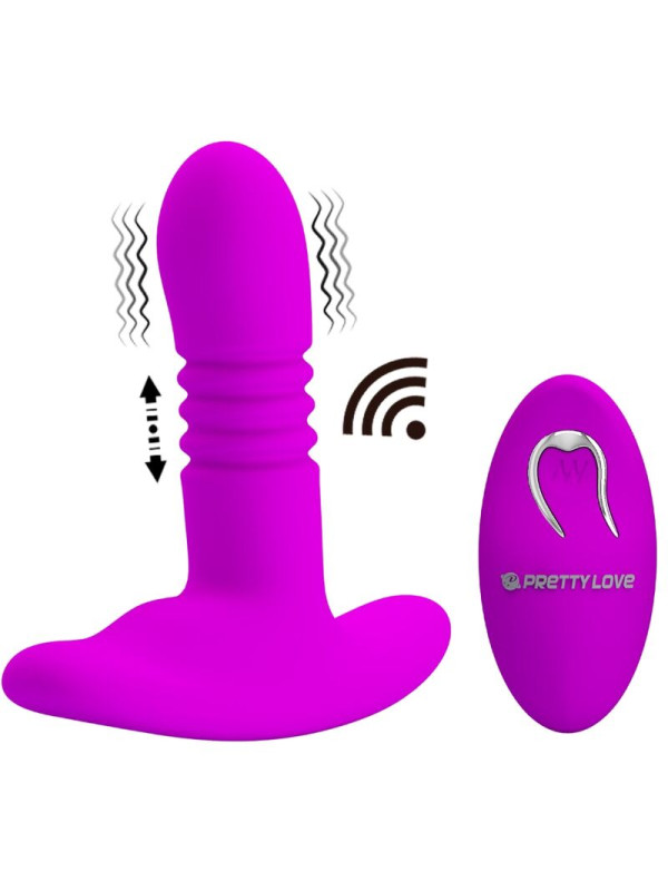 Plug anal Pretty Love Heather de silicona morada con mando inalámbrico e iconos de vibración y vaivén