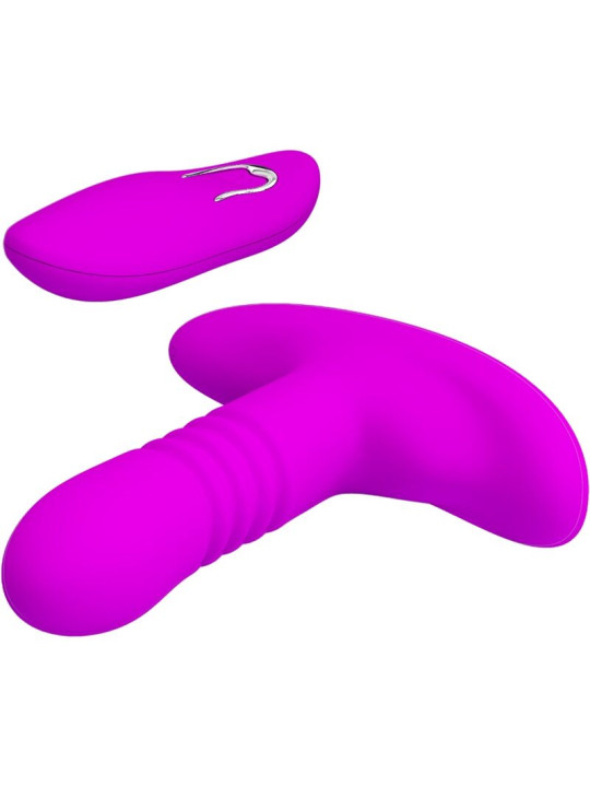 Vista cenital del plug anal Pretty Love Heather morado y de su mando a distancia inalámbrico