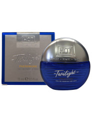 Perfume HOT Twilight Pheromone Men de 15 ml, frasco redondo azul con tapón plateado junto a su caja