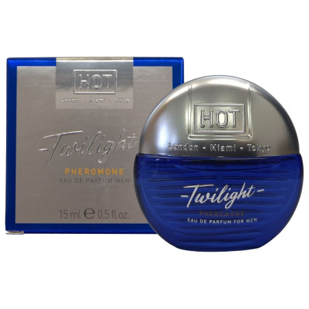 Perfume HOT Twilight Pheromone Men de 15 ml, frasco redondo azul con tapón plateado junto a su caja