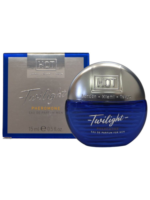 Perfume HOT Twilight Pheromone Men de 15 ml, frasco redondo azul con tapón plateado junto a su caja