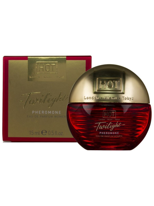 HOT Twilight Pheromone Eau de Parfum Women 15 ml, frasco redondo rojo con tapón dorado y estuche dorado