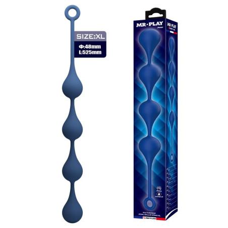 Bolas anales Mr Play talla XL de silicona azul junto a su caja, con la medida de 48 mm y 525 mm