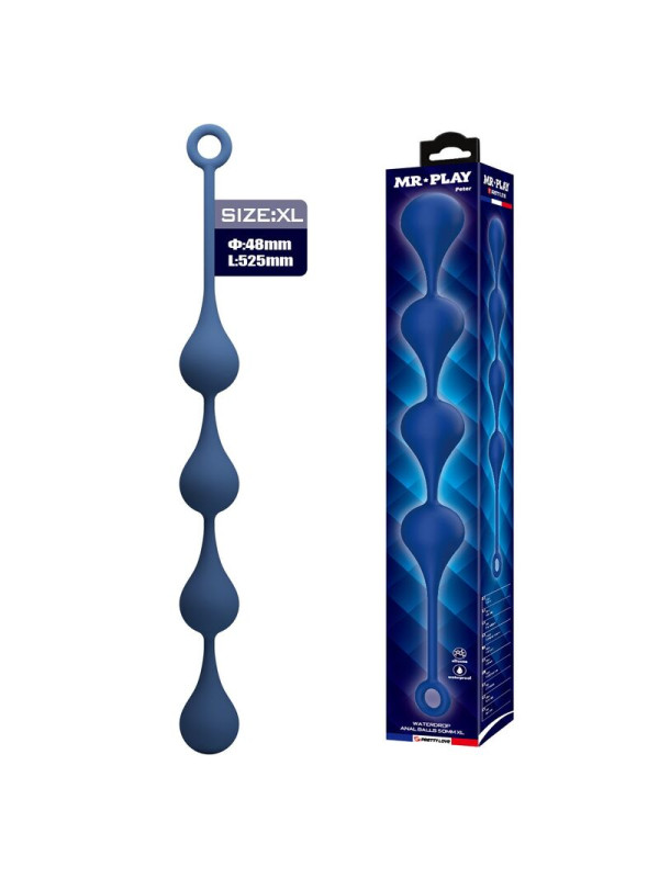 Bolas anales Mr Play talla XL de silicona azul junto a su caja, con la medida de 48 mm y 525 mm