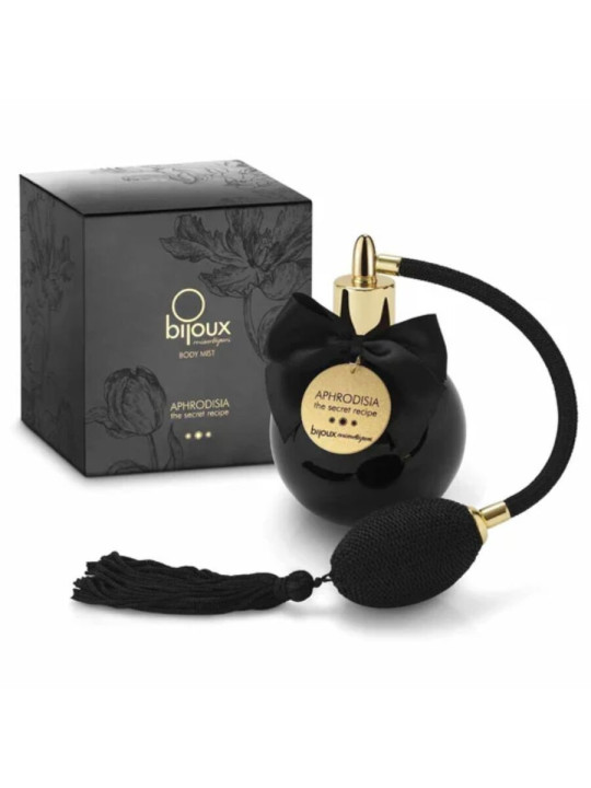 Bruma corporal Bijoux Indiscrets Aphrodisia de 100 ml junto a su caja negra con estampado floral