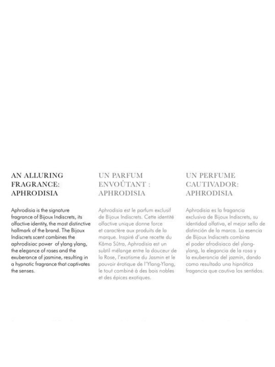 Folleto de Aphrodisia de Bijoux Indiscrets con la descripción de su fragancia de ylang ylang, rosa y jazmín