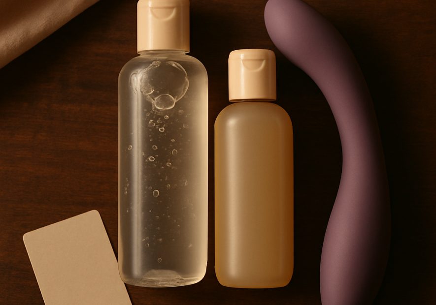 Diferentes bases de lubricante junto a un juguete de silicona